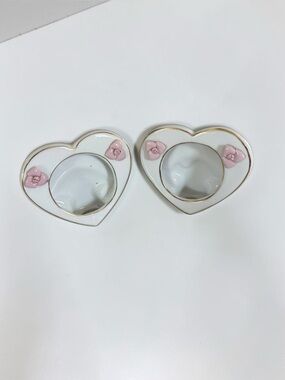 Vintage Heart Ring Holder Pair Pink Bows Gold Trim Decor